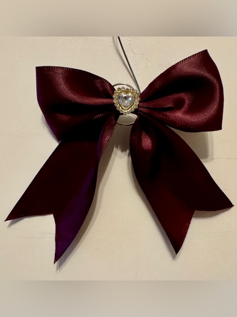 Satin Burgundy Bow Hair Clip with Gem Center